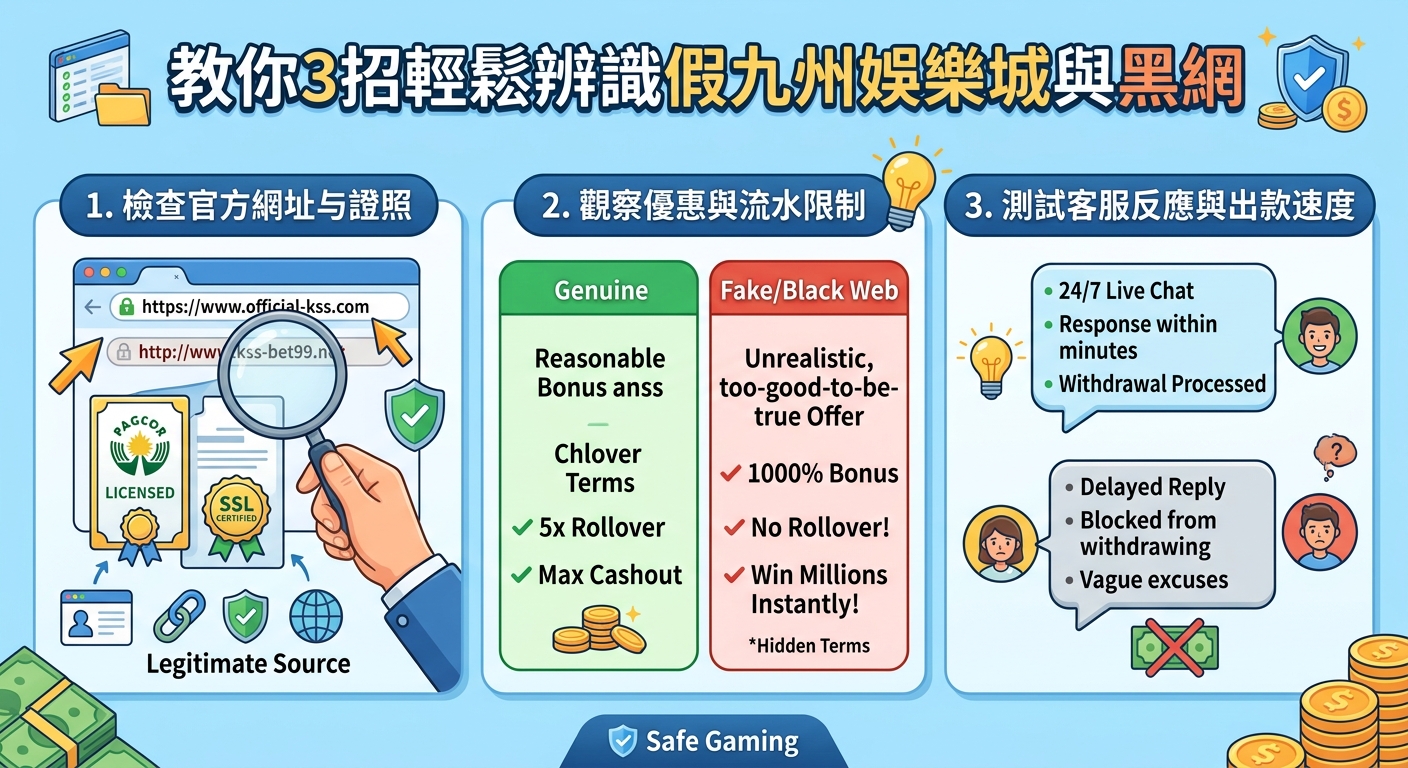 這張圖表是以清晰的藍色調簡報風格呈現，主題為如何辨識假冒娛樂城與詐騙黑網。 畫面分為三大塊，透過網址驗證、優惠條件與客服出款速度的對比圖示，傳達安全投注的實用技巧。