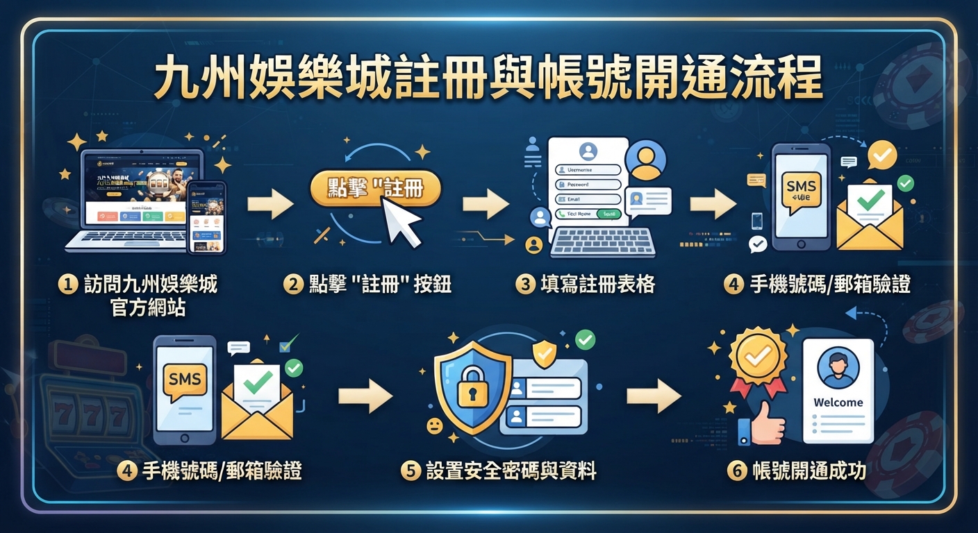 這是一張關於九州娛樂城註冊與帳號開通流程的精美圖解。 畫面清晰展示了從訪問官網、填寫表格到帳號開通成功的六個步驟。