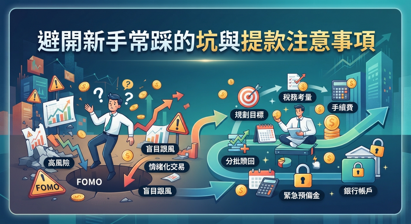 這張圖片的主題是避開新手常踩的坑與提款注意事項。畫面以左右對比展示了錯誤的投資陷阱與正確的理財規劃流程。