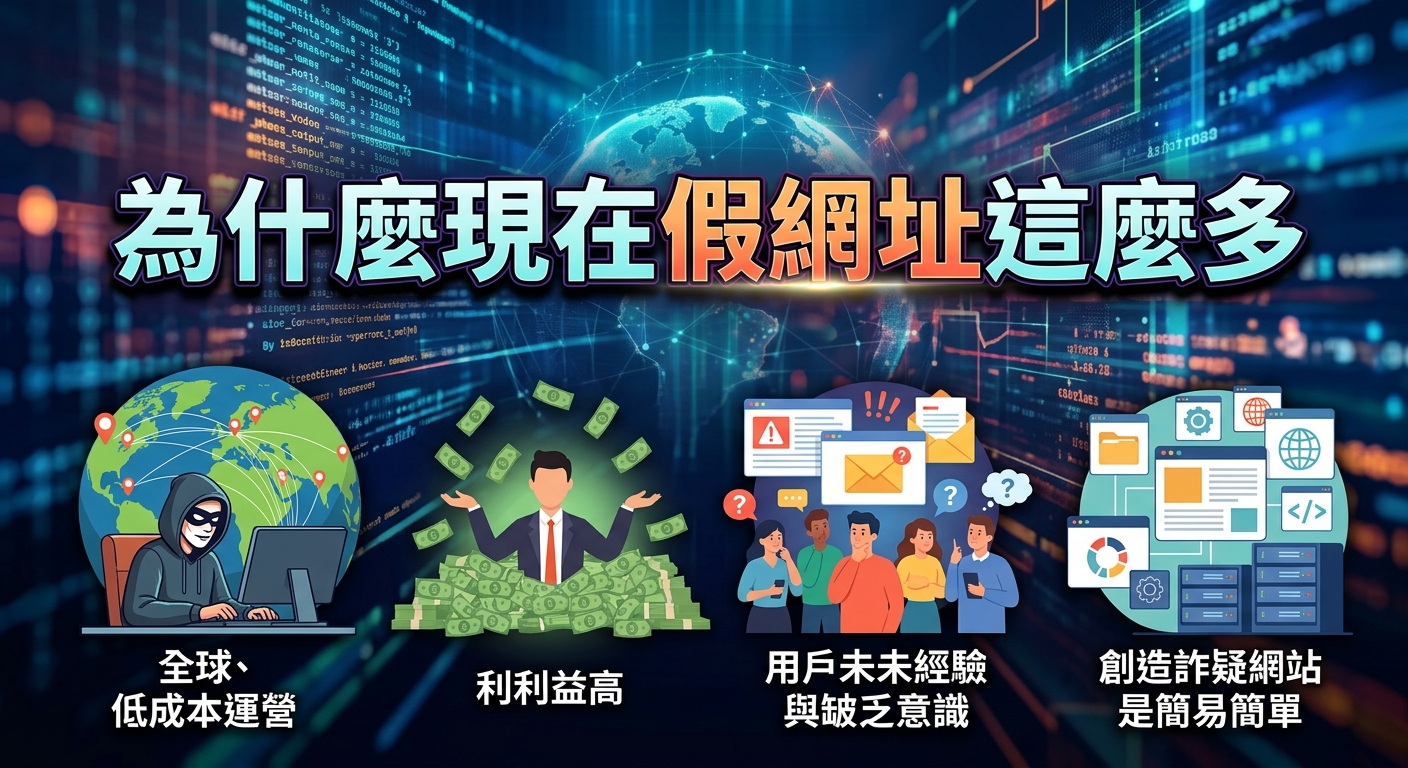 這張圖片以科技感十足的暗色數據背景為基調,頂部標有亮眼的標題「為什麼現在假網址這麼多」。 下方包含四個插圖區塊,分別呈現全球低成本營運、高額利益、用戶缺乏警覺及簡便的建站流程等原因。
