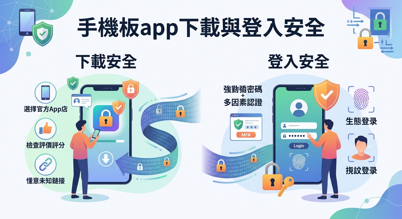 一張關於「手機板app下載與登入安全」的科技風插圖,畫面左側展示安全下載概念,右側呈現多因素與生物識別等登入安全機制。 全圖採用藍綠色調與向量扁平風格,透過鎖頭、盾牌與手機介面傳達網路安全防護的主題。