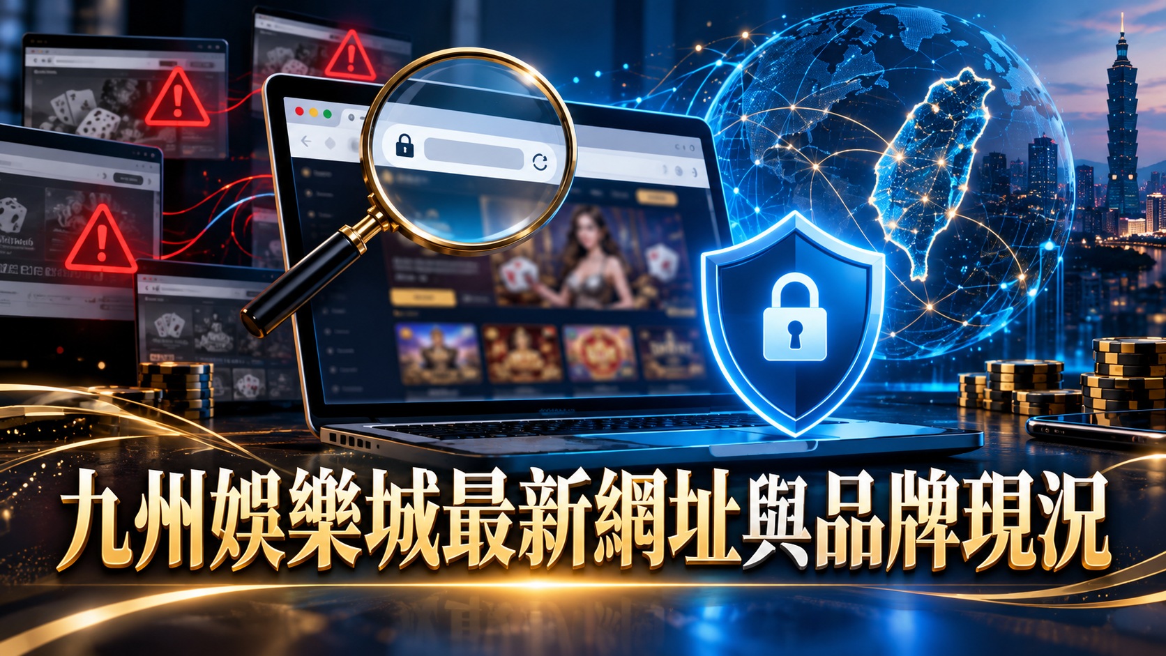 圖片以科技感十足的藍金色調呈現九州娛樂城最新網址與品牌現況，結合網站介面、放大鏡及數位網路元素。 透過安全盾牌、警示符號與網址驗證設計，強調辨識官方網站真偽及防範釣魚詐騙的重要性。