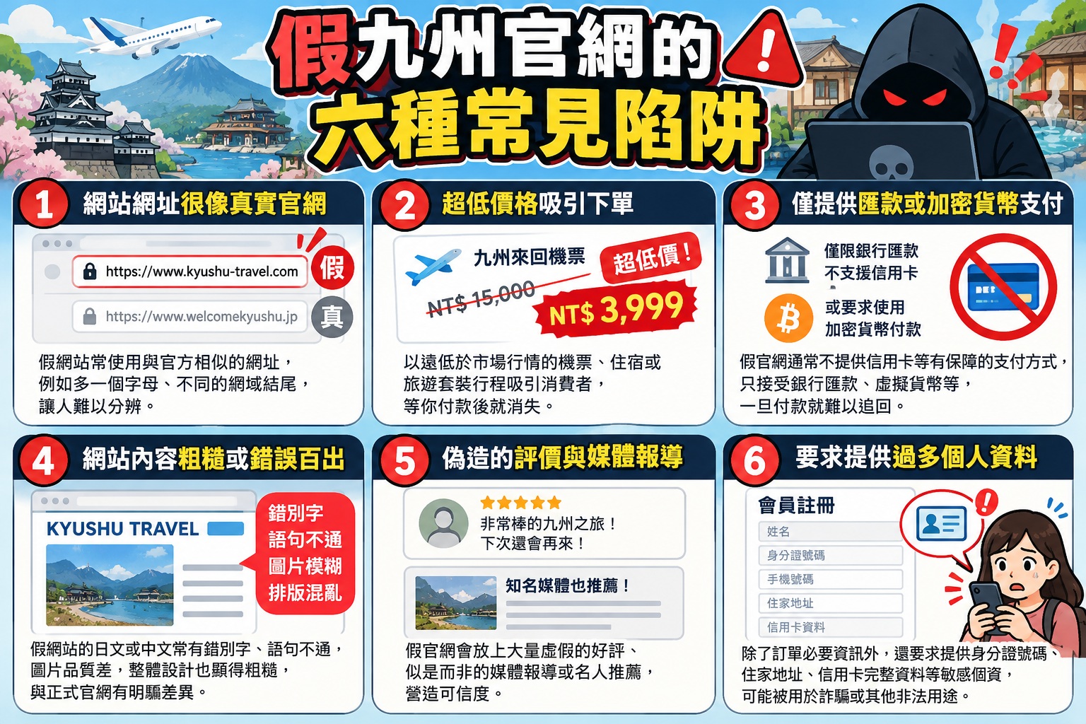 圖片以六大常見陷阱為主題，揭露假九州官網常見的仿冒網址、低價誘惑、可疑付款方式與虛假評價等詐騙手法。 透過鮮明的警示色彩與圖解設計，提醒使用者提高警覺、保護個人資料，避免誤入釣魚網站。